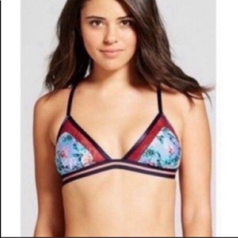 Xhilaration Floral Bikini Top Medium Blue Red Triangle Swim Top Contrast Trim